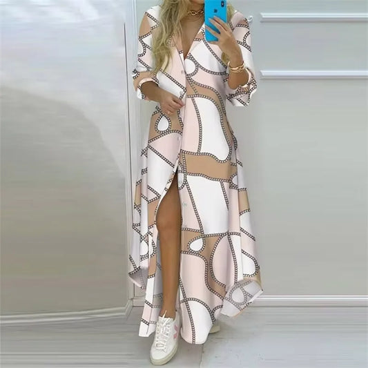 Summer Women Boho Printed Long Shirt Dress | Elegant Turn-Down Collar Long Sleeve Casual Maxi Dress