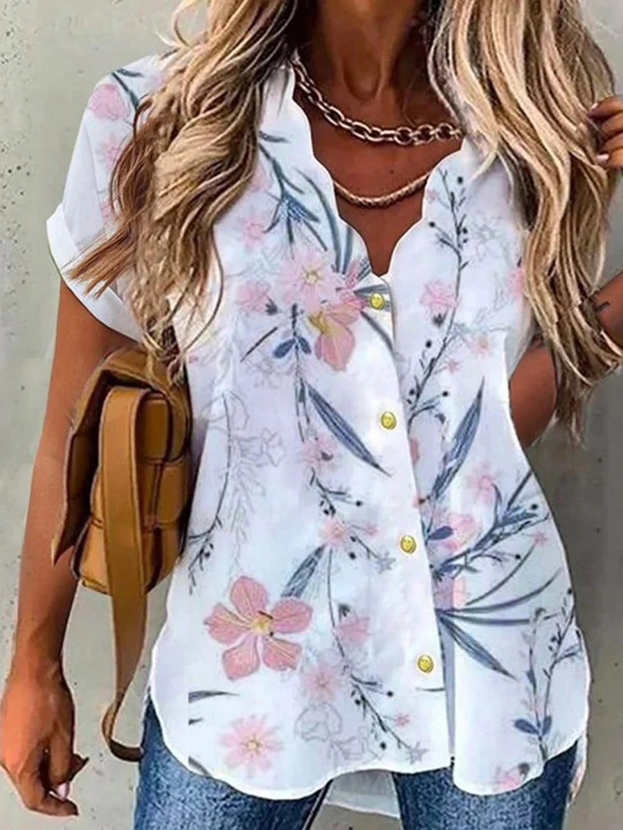 Women’s Floral Blouse Shirt – Short Sleeve, Button-Up