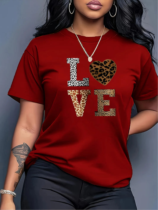 Fashion White “Love” Leopard Heart Pattern T-Shirt – Casual Round Neck Short Sleeve Tee