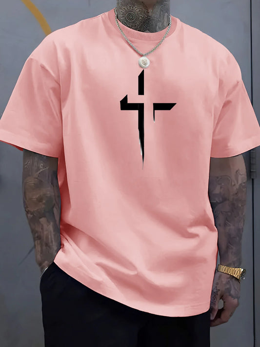 Men’s Summer Casual T-Shirt – 100% Pure Cotton, Plus Size, Creative Cross Prin