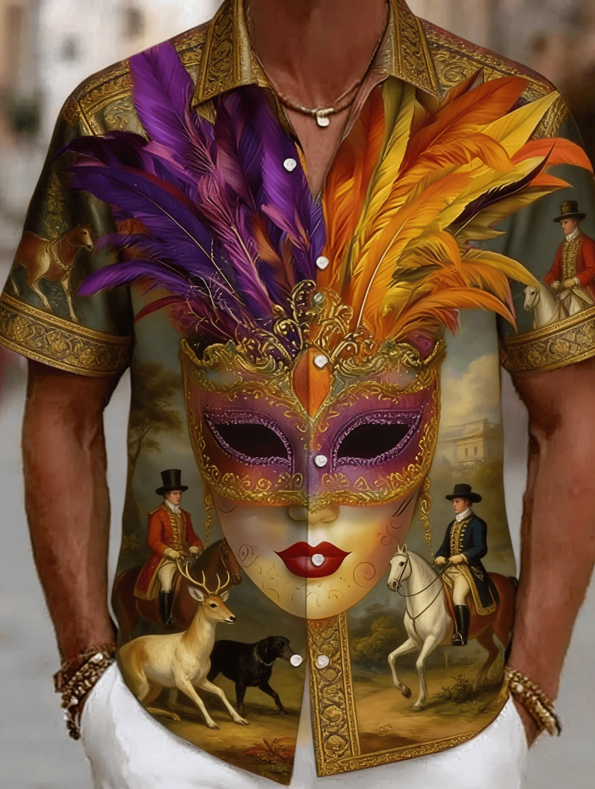 Men's Venetian Mask Print Shirt – Luxury Baroque Short Sleeve Button-Up, Loose Fit Casual Summer Party Top