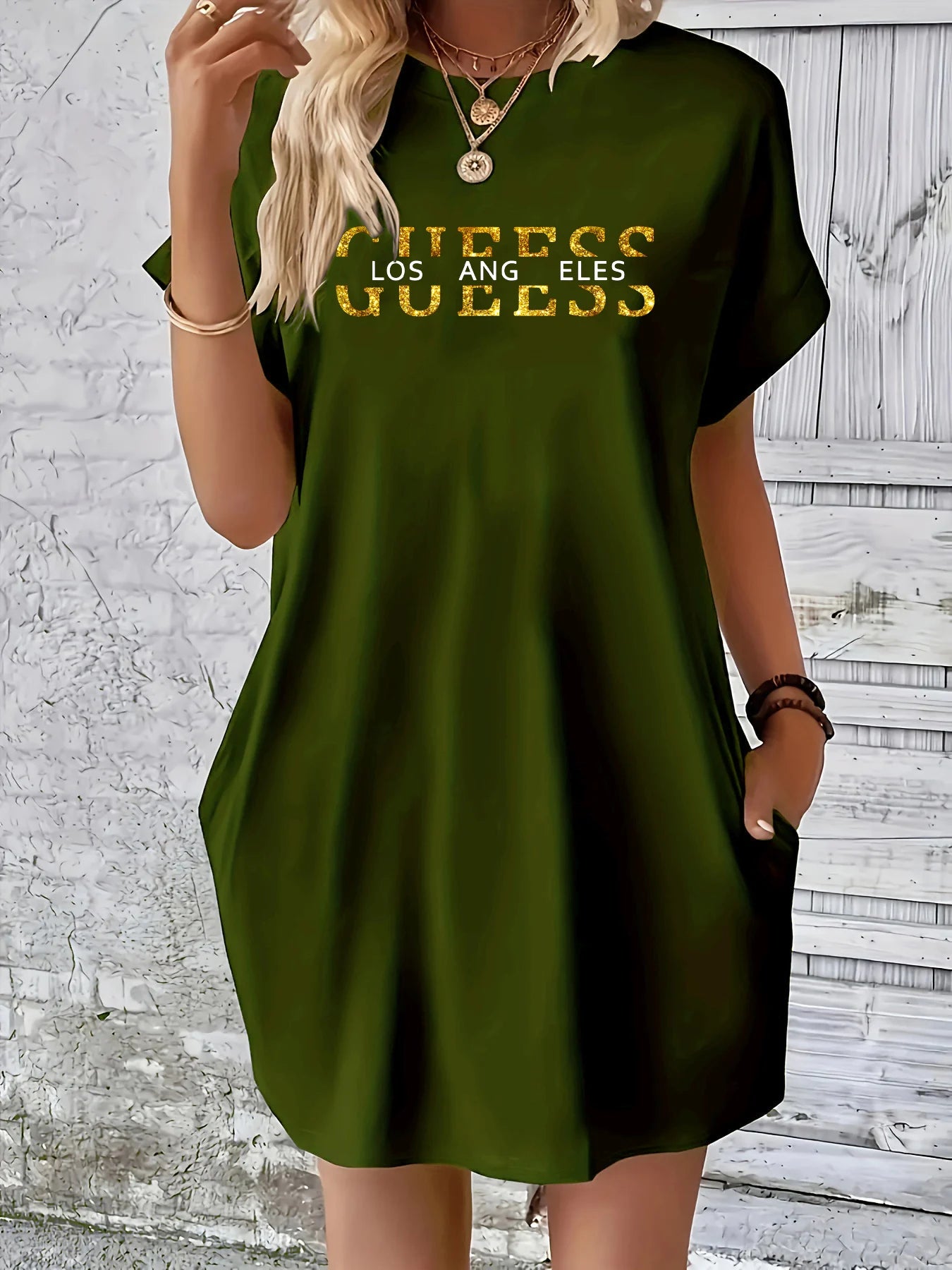 Women’s GUEESS Los Angeles Letter Print Casual Plus Size Dress – Summer Loose Short Sleeve Pocket Dress