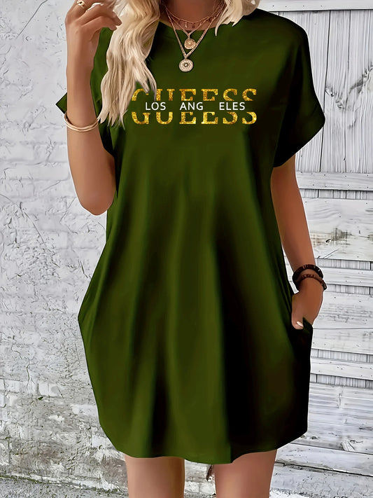 Women’s GUEESS Los Angeles Letter Print Casual Plus Size Dress – Summer Loose Short Sleeve Pocket Dress