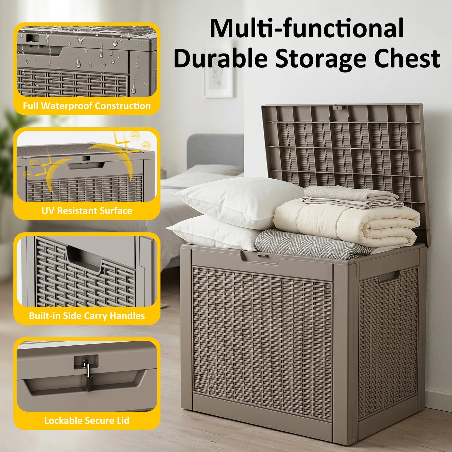 30-Gallon Gray Rattan-Textured Resin Outdoor Deck Storage Box (Weatherproof)
