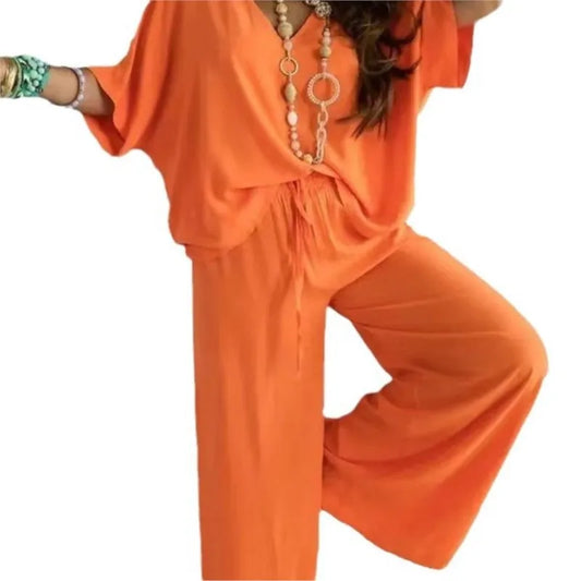 Women’s Summer Two-Piece Pant Set – V-Neck Bat Sleeve Casual Loose Outfit