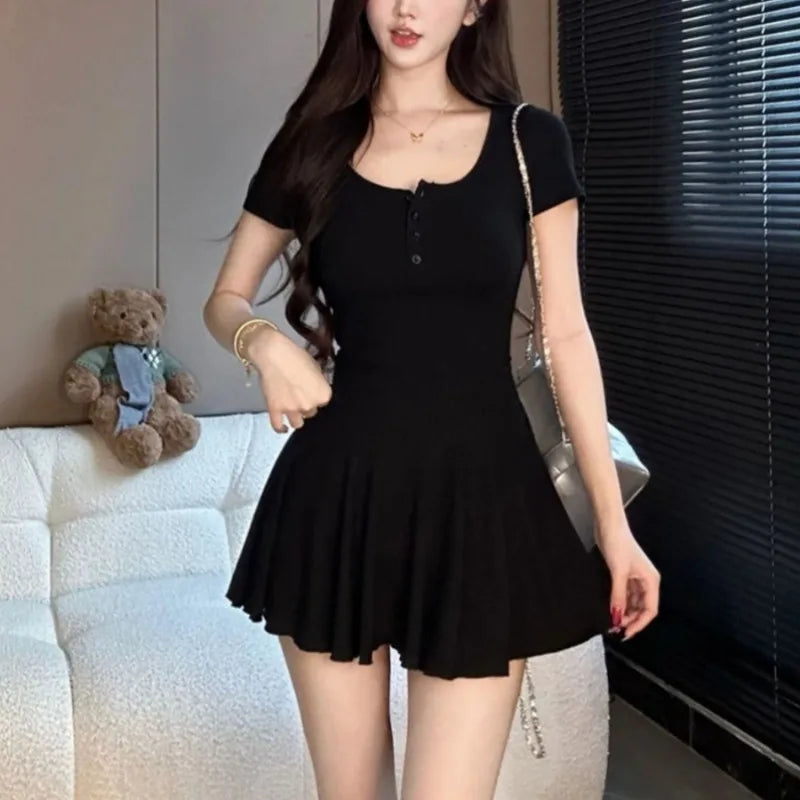 Short Sleeve Mini Dress for Women – Summer Slimming Pleated Single-Breasted Casual Fashion