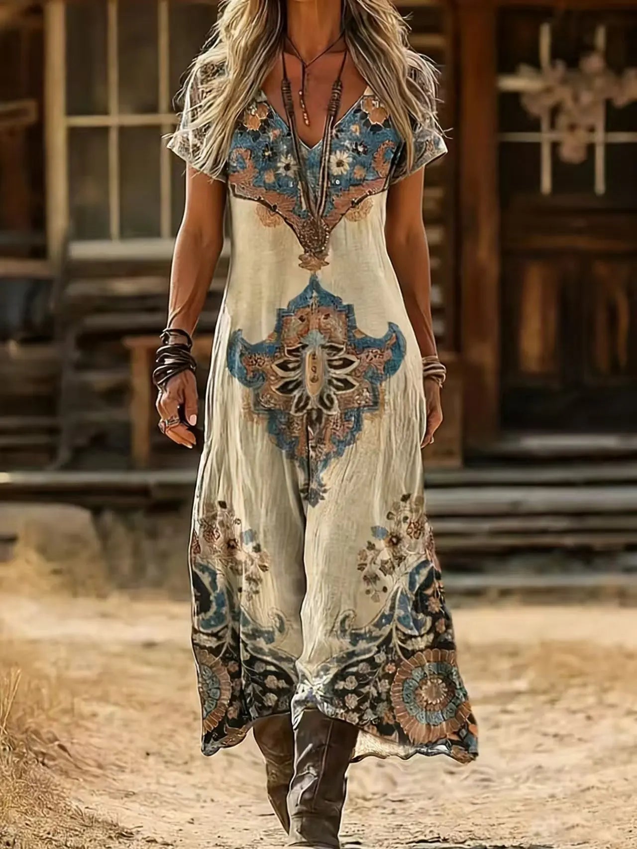 New Style Vintage V-Neck Floral Dress for Women