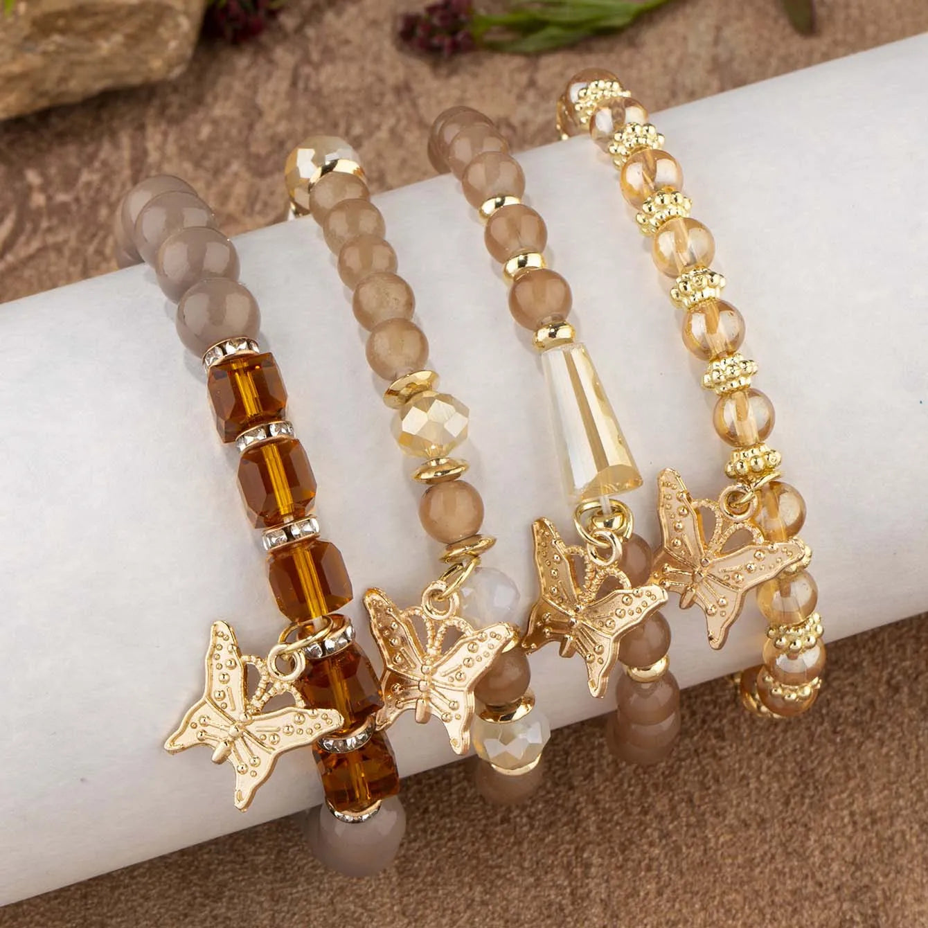 4-Piece Trendy Butterfly Beaded Bracelet Set for Women