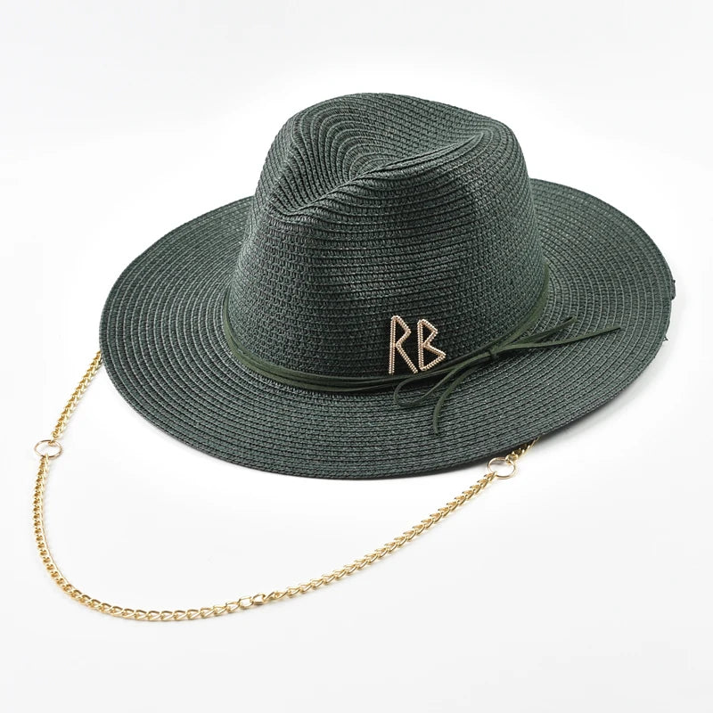 Fashionable Metal RB Letter Straw Hats – Unisex Summer Panama Jazz Style