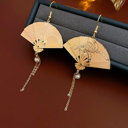 Chinese Style Metal Carved Fan Pearl Fringe Dangle Earrings