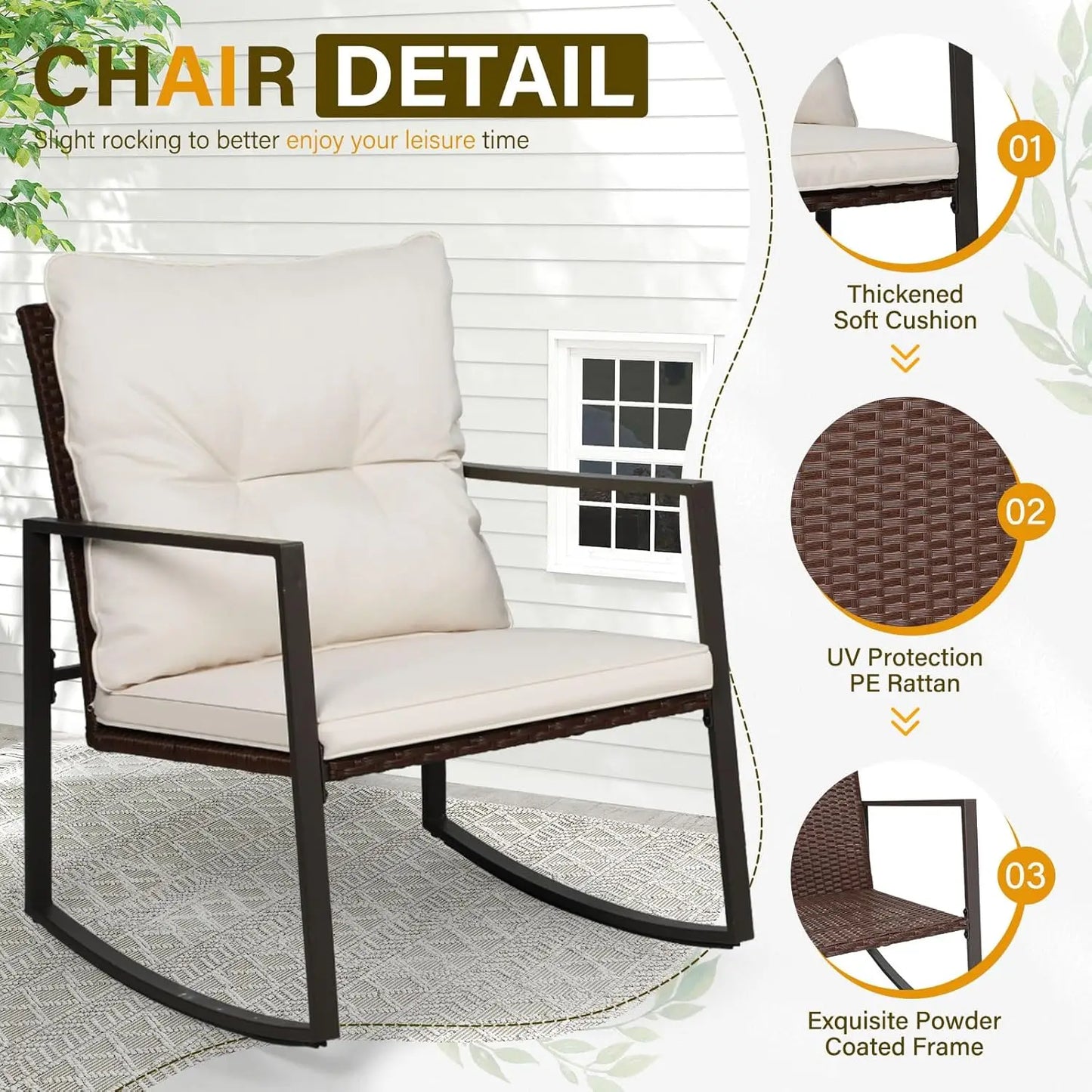 SUNCROWN 3-Piece Outdoor Patio Bistro Set with Rocking Chair