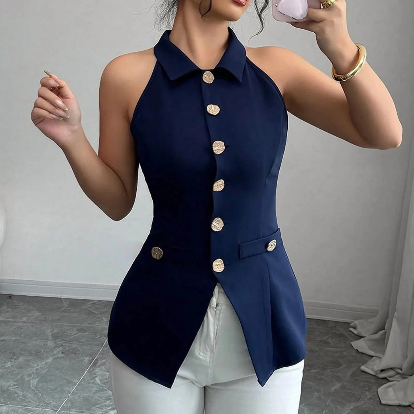 Women's Sleeveless Collared Button-Down Suit Vest – Slim Fit Business Casual Top