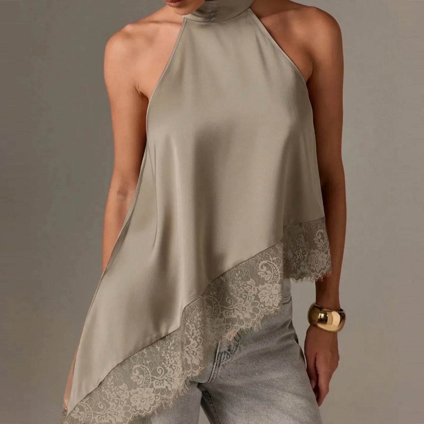 Women Y2K Mock Neck Halter Top – Satin Lace Asymmetrical Hem Sleeveless Crop Tank