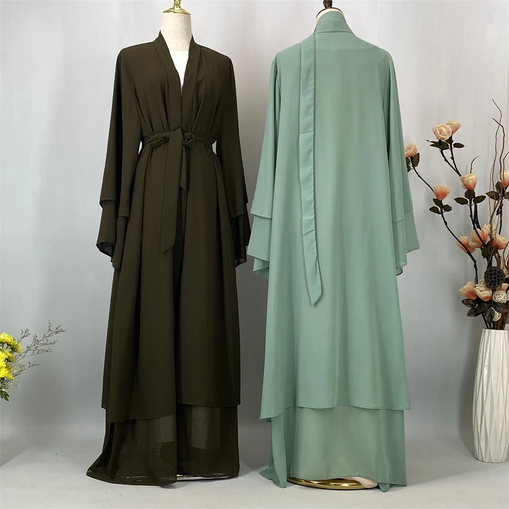 Latest Muslim Abaya – Two-Layer Chiffon Elegant Cardigan Robe for Women