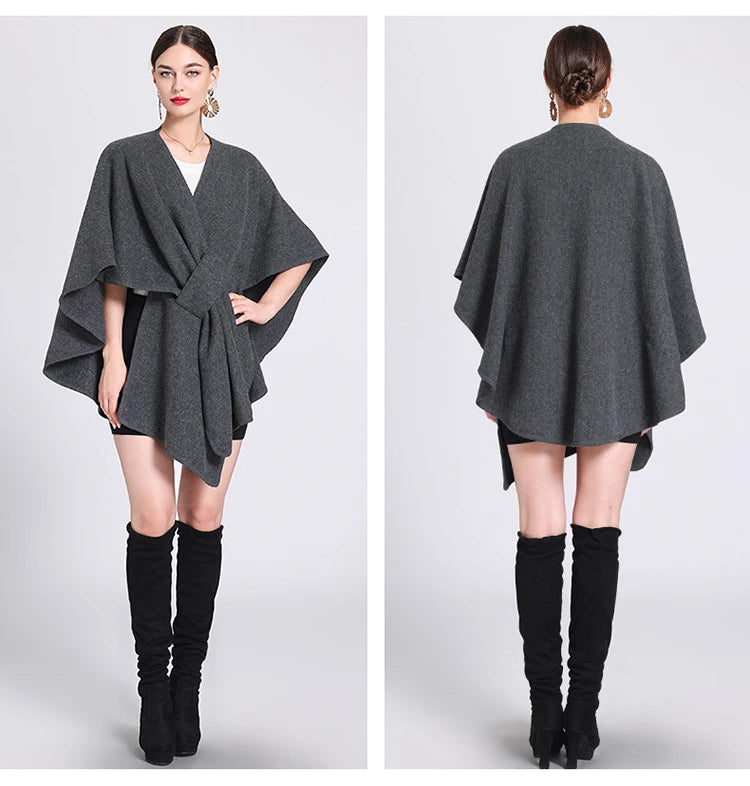 Fashion Side Strap Wool-Blend Poncho Cape – Autumn/Winter Women’s Cardigan Shawl Cloak