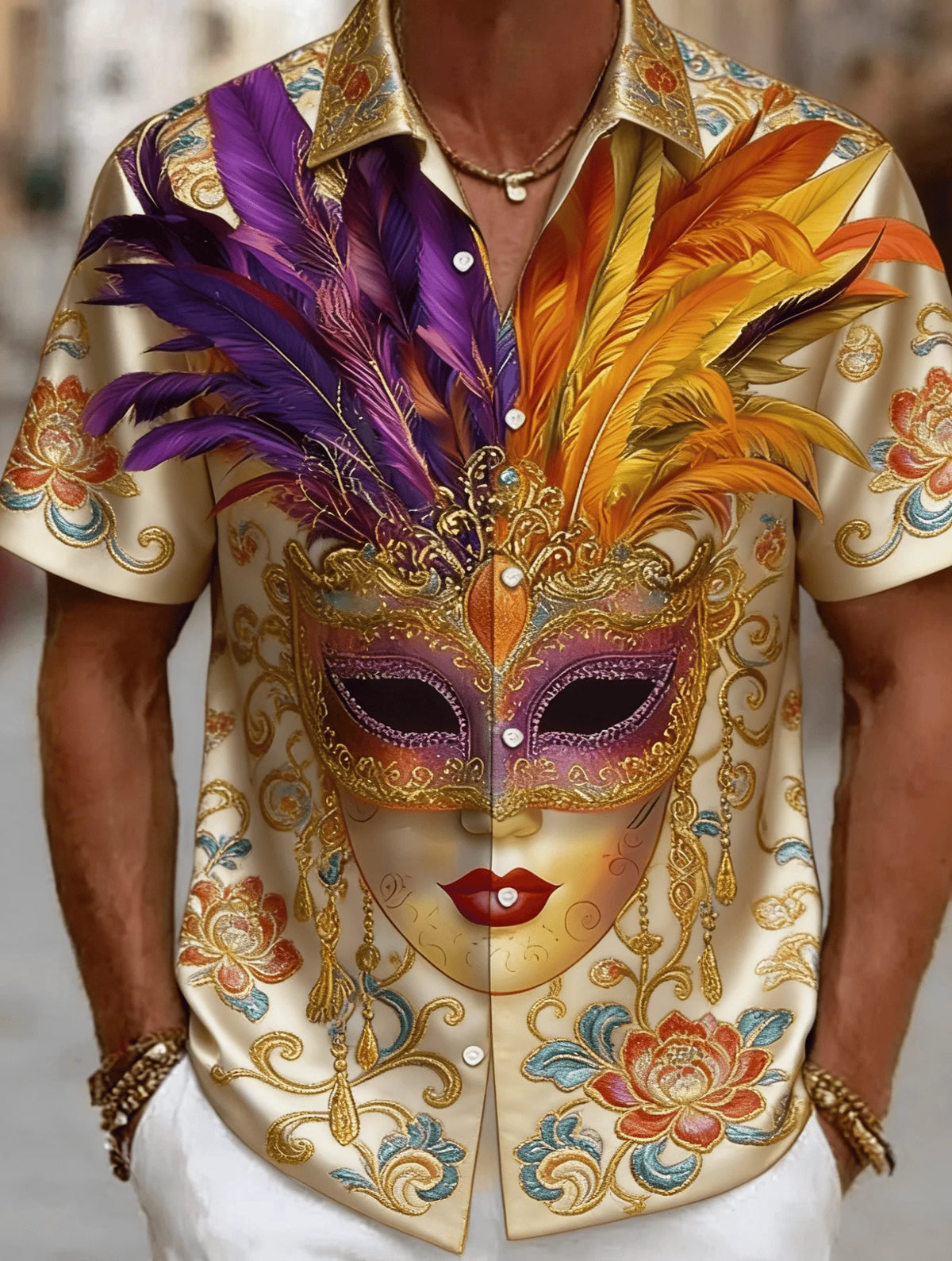 Men's Venetian Mask Print Shirt – Luxury Baroque Short Sleeve Button-Up, Loose Fit Casual Summer Party Top