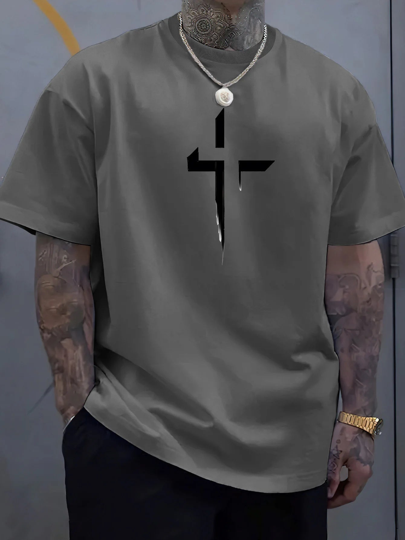 Men’s Summer Casual T-Shirt – 100% Pure Cotton, Plus Size, Creative Cross Prin