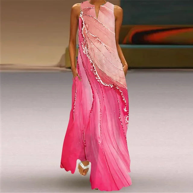 Summer Women’s Artistic Retro Sleeveless V-Neck Oversized Swing Maxi Dress | Casual Loose Boho Long