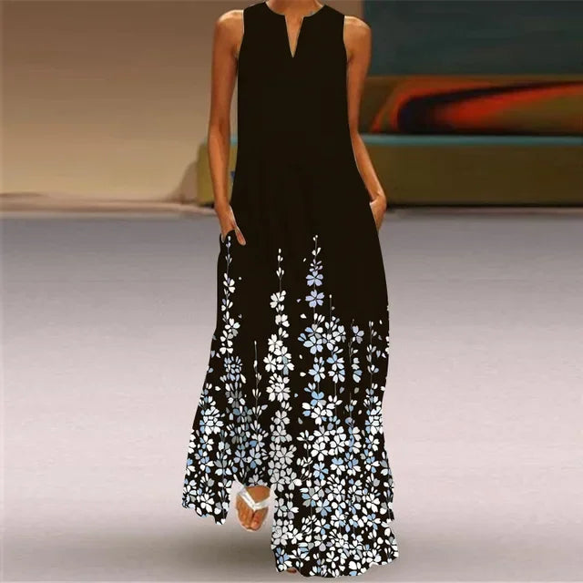 Summer Women’s Artistic Retro Sleeveless V-Neck Oversized Swing Maxi Dress | Casual Loose Boho Long