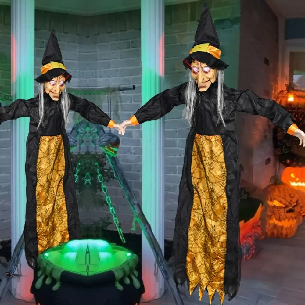 Halloween Talking Witch Animatronic Decoration – Outdoor Spooky Witch Prop with Glowing Red Eyes