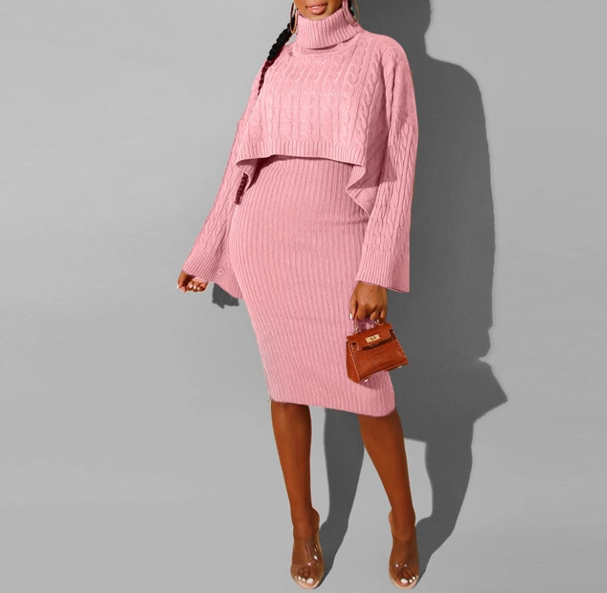 Women’s Sweater Dress Set [Turtleneck Ribbed Sweater & Knitted Strap Dress]