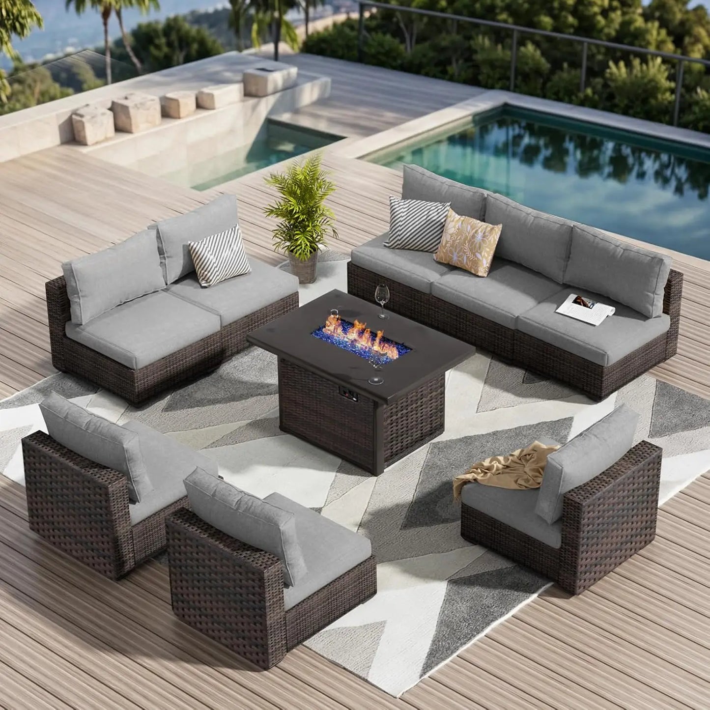 9-Piece Outdoor Sectional Patio Furniture Set with Fire Pit Table
