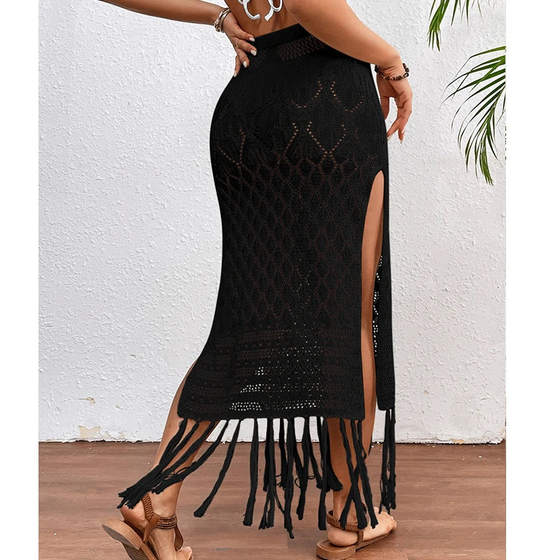 Women’s Knitted Texture Sarong Skirt – Sexy High Slit Tassel Beach Cover-Up