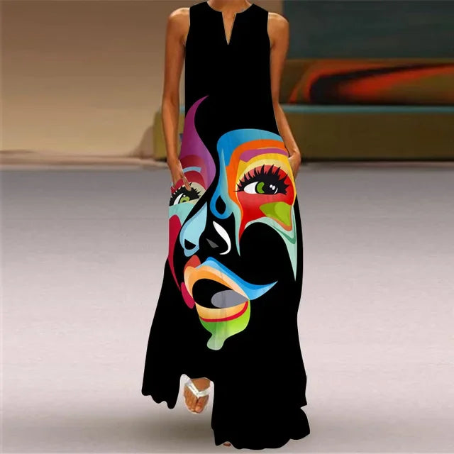Summer Women’s Artistic Retro Sleeveless V-Neck Oversized Swing Maxi Dress | Casual Loose Boho Long