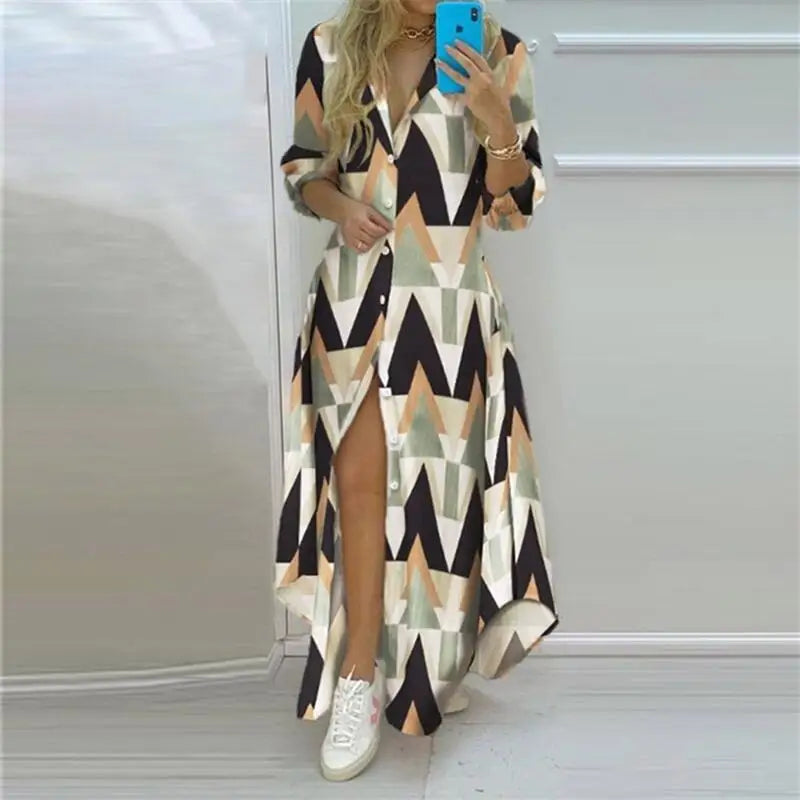 Summer Women Boho Printed Long Shirt Dress | Elegant Turn-Down Collar Long Sleeve Casual Maxi Dress