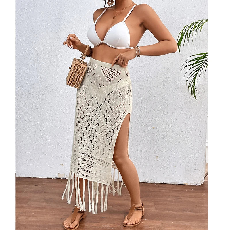 Women’s Knitted Texture Sarong Skirt – Sexy High Slit Tassel Beach Cover-Up