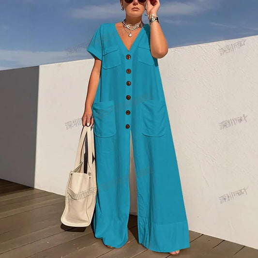 New Summer V-Neck Single-Breasted Women’s Jumpsuit