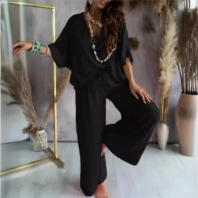 Women’s Summer Two-Piece Pant Set – V-Neck Bat Sleeve Casual Loose Outfit
