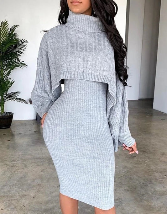 Women’s Sweater Dress Set [Turtleneck Ribbed Sweater & Knitted Strap Dress]