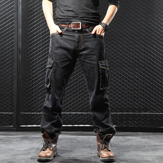 Men's Multi-Pocket Straight Cargo Jeans – Loose Fit Casual Denim