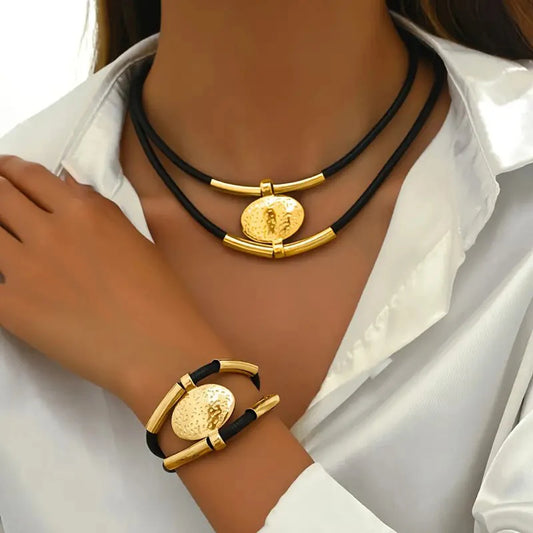 Vintage Oval Metal Faux Leather Necklace & Bracelet Set