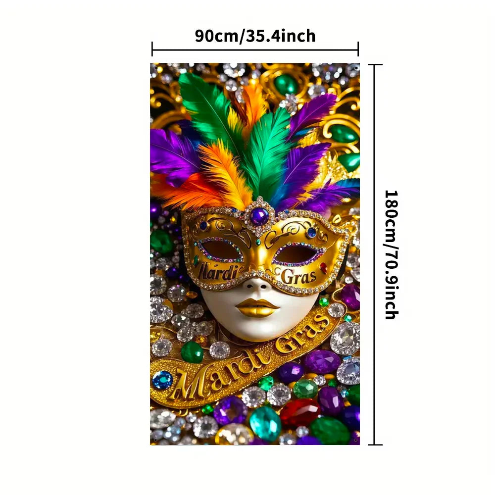 Mardi Gras Door Cover Banner – Colorful Masquerade Mask & Feather Print Backdrop for Party Decorations, Porch, Indoor & Outdoor Celebrations