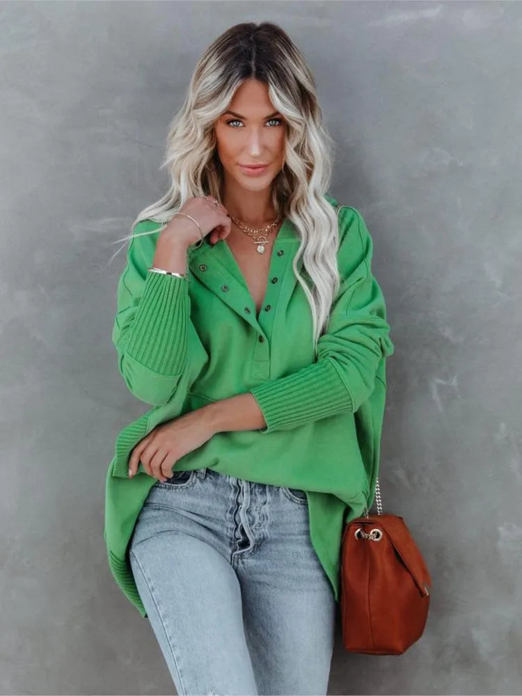 Stay Cozy in Style – Casual Loose White V-Neck Hooded Sweatshirt for Women