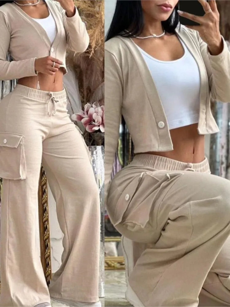 Women's Spring/Summer 2-Piece Set – Printed Crop Top & Casual Pants