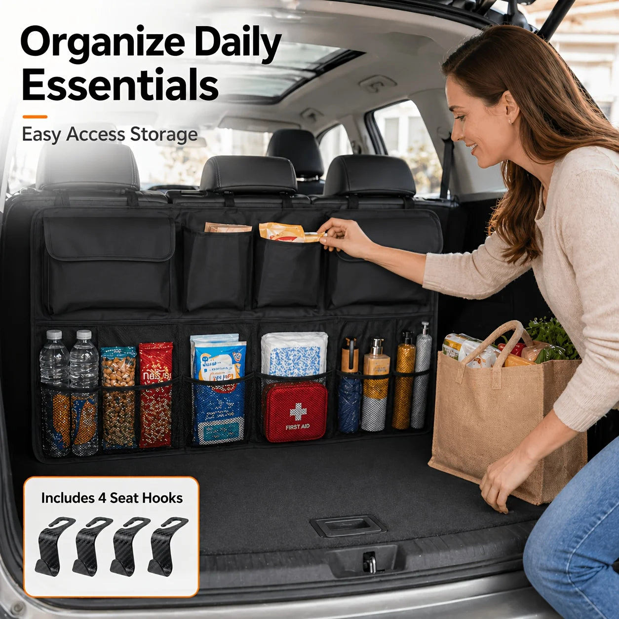 Car Trunk Organizer, Backseat Hanging Organizer with Large Storage Bag, Extra-Large Capacity Cargo Storage Organizer for SUVs, Trucks & Vans