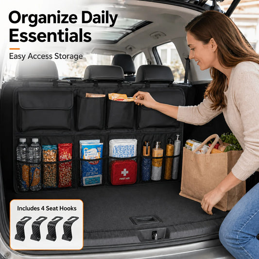 Car Trunk Organizer, Backseat Hanging Organizer with Large Storage Bag, Extra-Large Capacity Cargo Storage Organizer for SUVs, Trucks & Vans