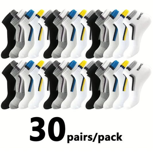 30 Pairs Men’s Ankle Socks – Breathable Mesh, Color-Block Athletic & Casual Low-Cut Socks