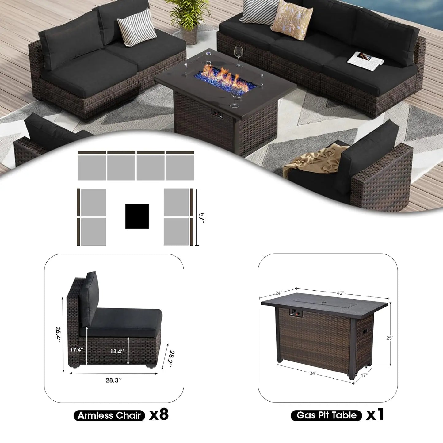 9-Piece Outdoor Sectional Patio Furniture Set with Fire Pit Table