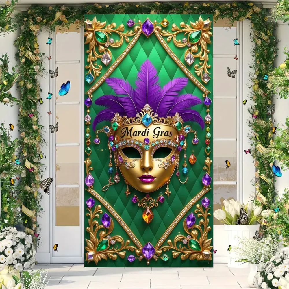 Mardi Gras Door Cover Banner – Colorful Masquerade Mask & Feather Print Backdrop for Party Decorations, Porch, Indoor & Outdoor Celebrations