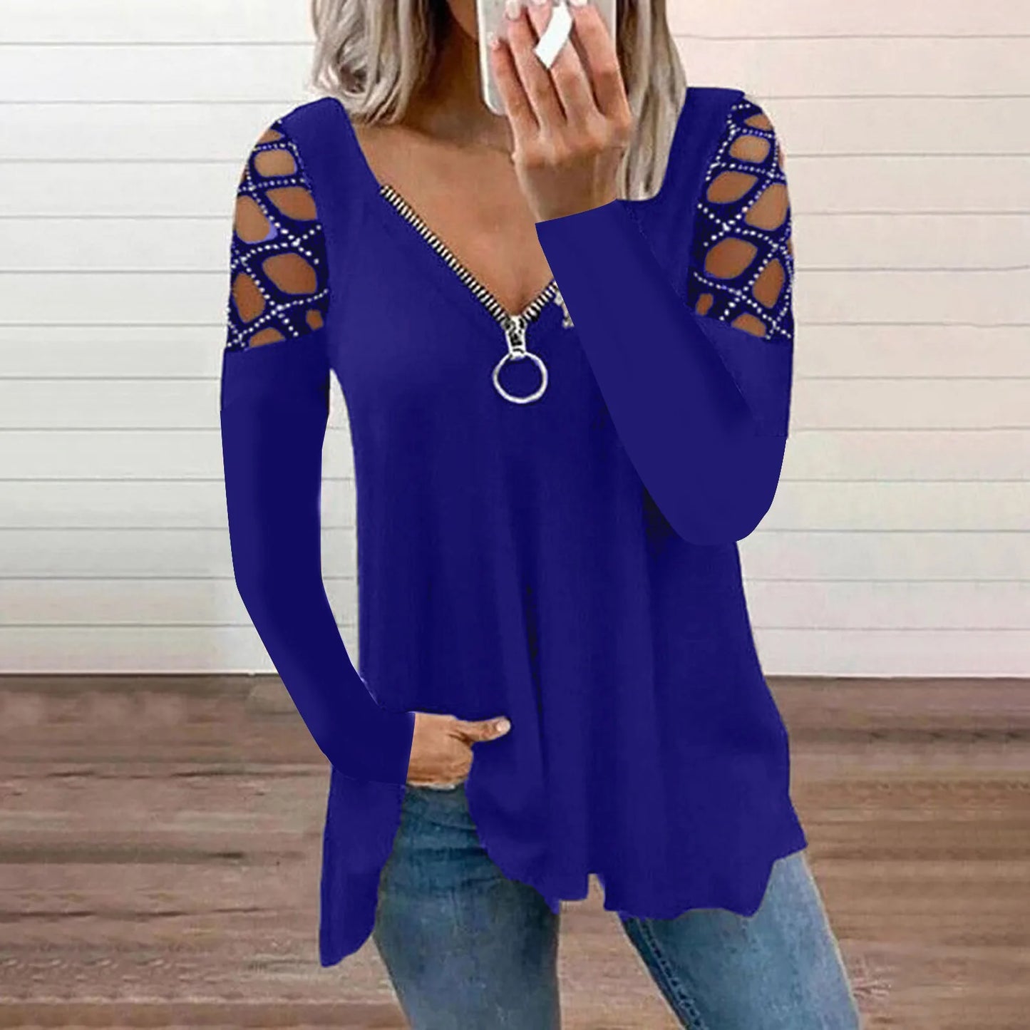 Woman's T-shirts Superior Quality spring/summer Hollow Out V Neck Zipper Long Sleeve Ladies