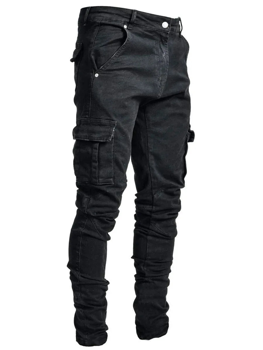 Men’s Washed Solid Color Multi-Pocket Denim Cargo Jeans – Mid Waist Casual Pants