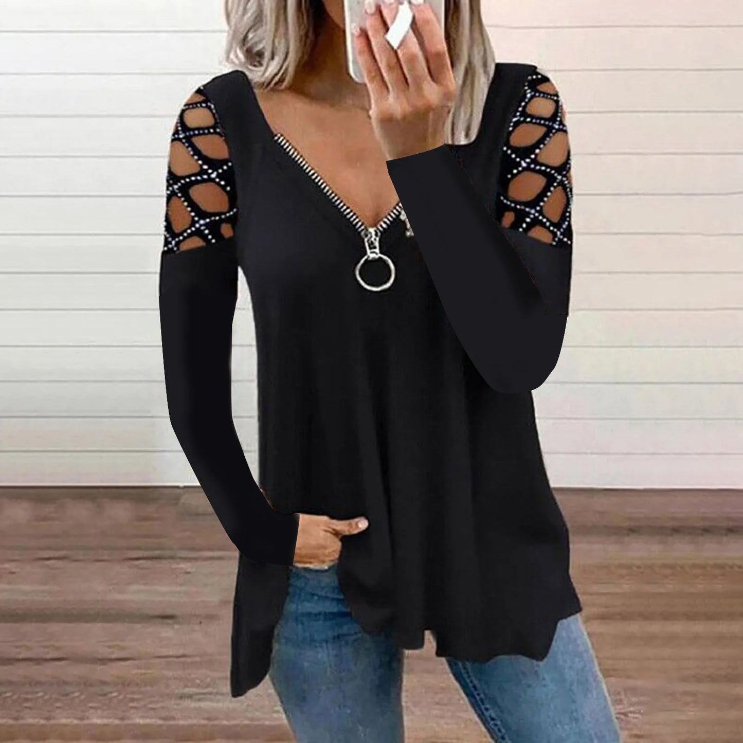 Woman's T-shirts Superior Quality spring/summer Hollow Out V Neck Zipper Long Sleeve Ladies
