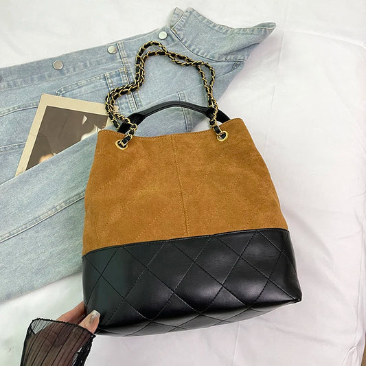 High-End Textured Quilted Chain Satchel Bucket Bag