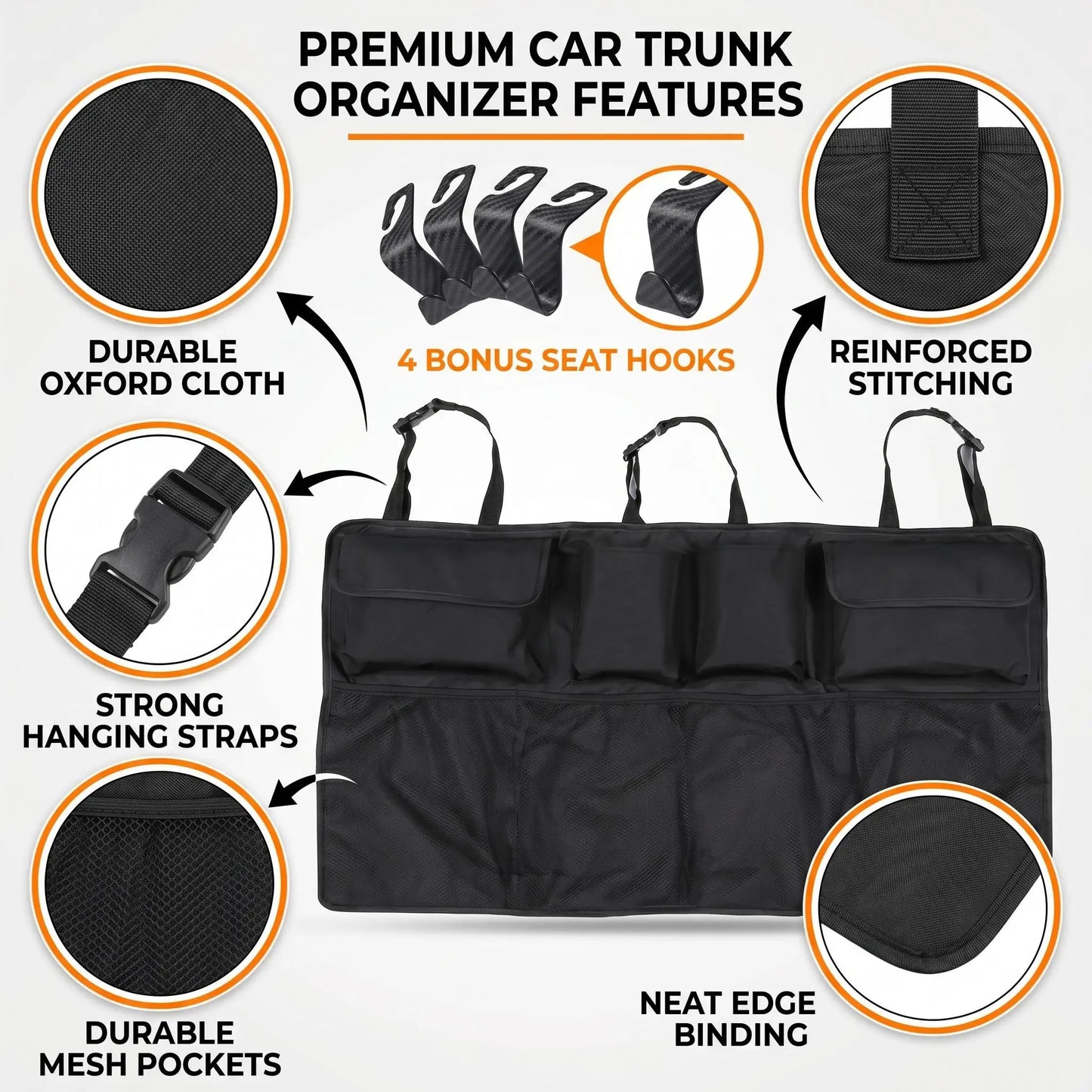 Car Trunk Organizer, Backseat Hanging Organizer with Large Storage Bag, Extra-Large Capacity Cargo Storage Organizer for SUVs, Trucks & Vans