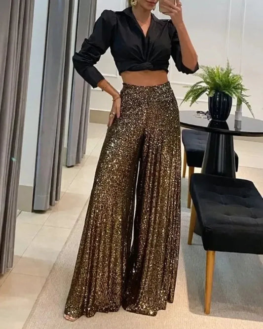 Elegant Shiny Sequin High-Waist Wide-Leg Pants – Women's Fashion Statement