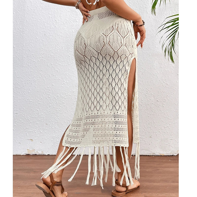 Women’s Knitted Texture Sarong Skirt – Sexy High Slit Tassel Beach Cover-Up